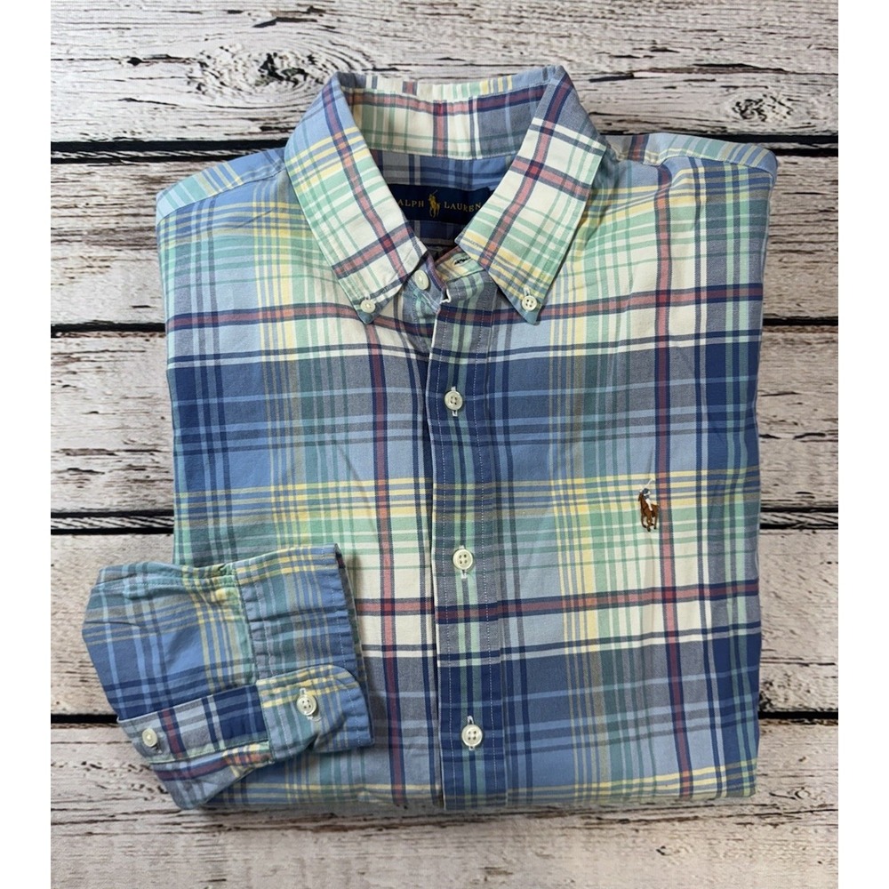 Ralph Lauren Shirt Men Large Pastel Button Down Long Sleeve Plaid‎ Logo